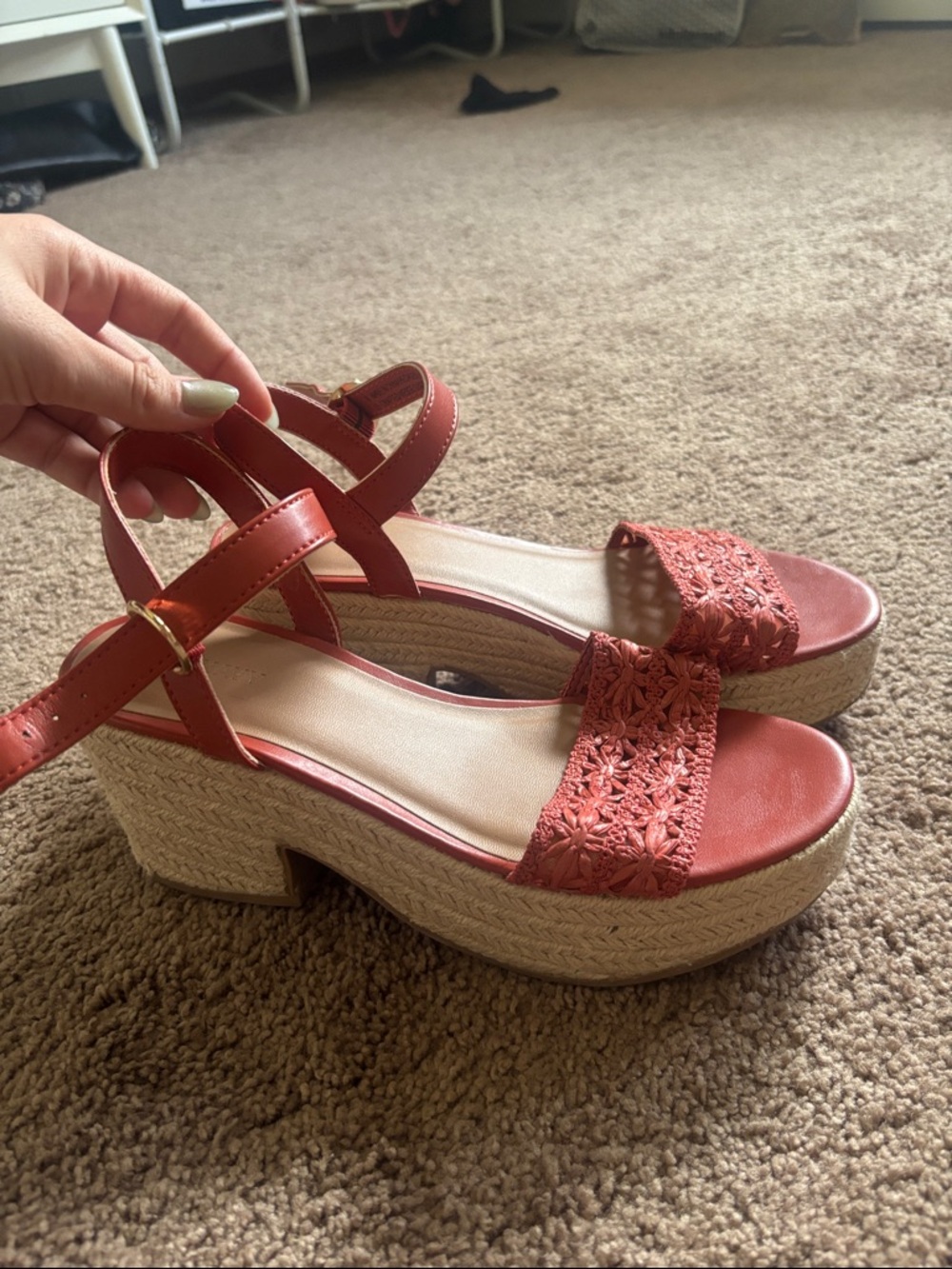 Old Navy Coral Crochet Platform Sandals with Jute Heel